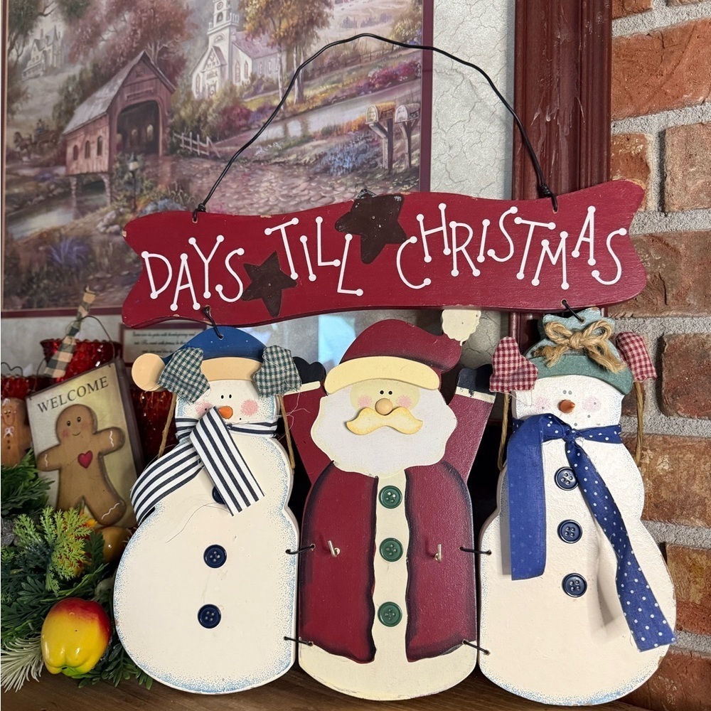 Vintage 1998 Festive Snowman and Santa Countdown Solid Wood Wall Hanging Sign